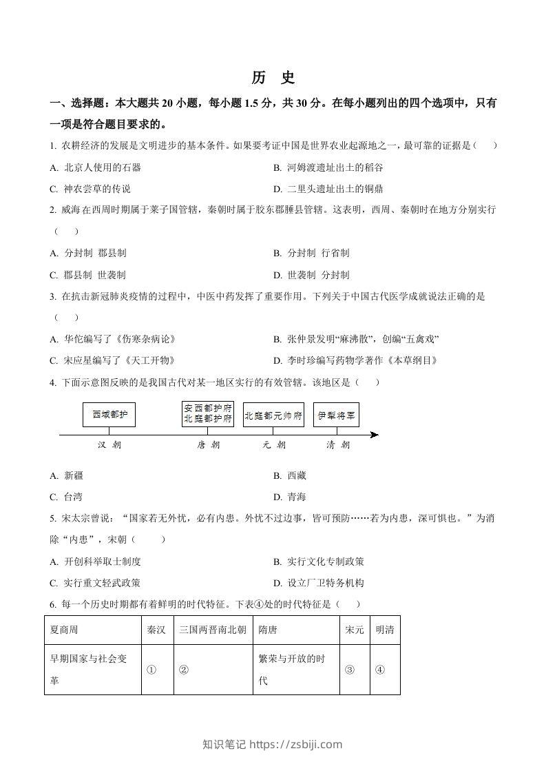 2022年山东省威海市中考历史真题（空白卷）-知识笔记