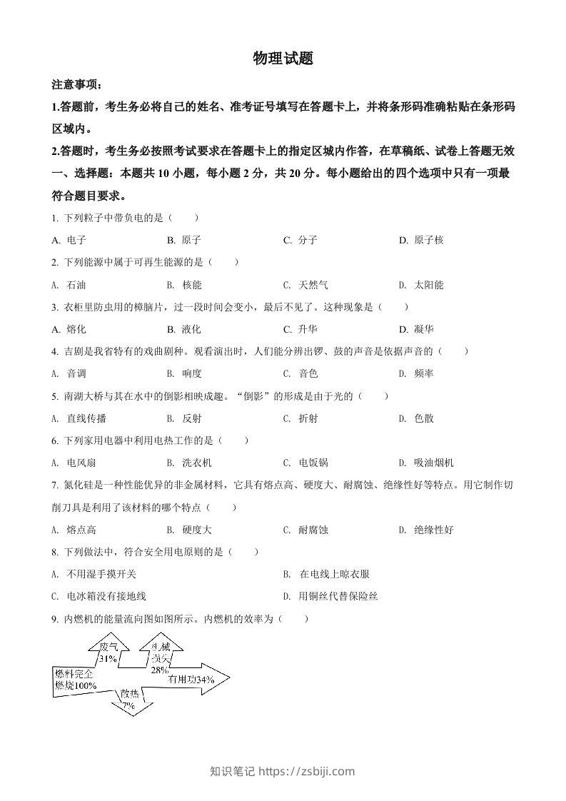 2022年吉林省长春市中考物理试题（空白卷）-知识笔记