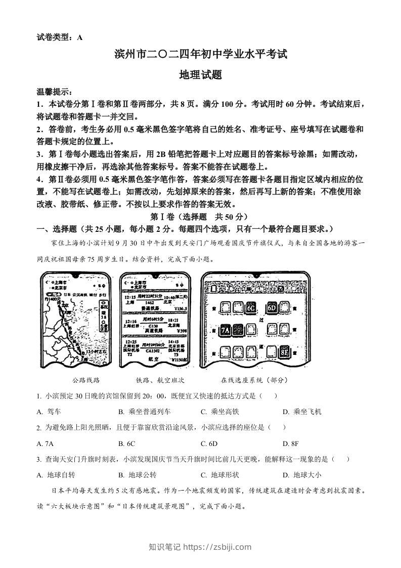 2024年山东省滨州市中考地理试题（空白卷）-知识笔记