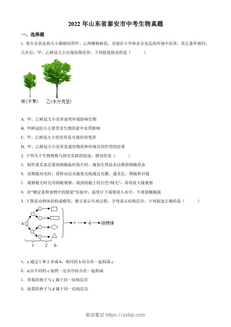 2022年山东省泰安市中考生物真题（空白卷）-知识笔记