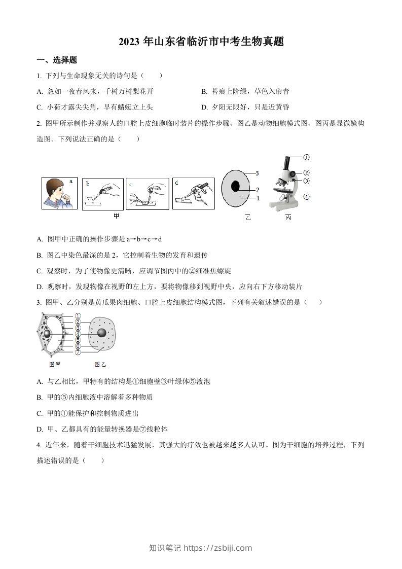 2023年山东省临沂市中考生物真题（空白卷）-知识笔记