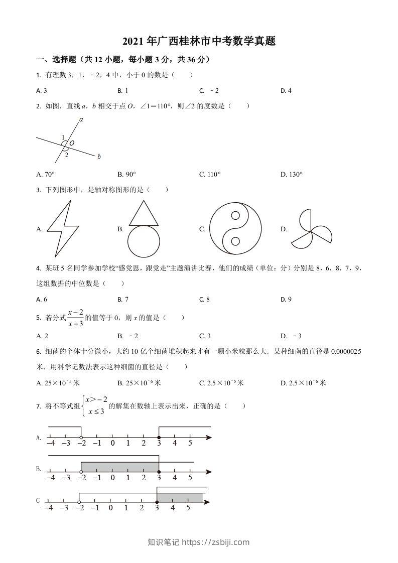 广西省桂林市2021年中考数学真题（空白卷）-知识笔记
