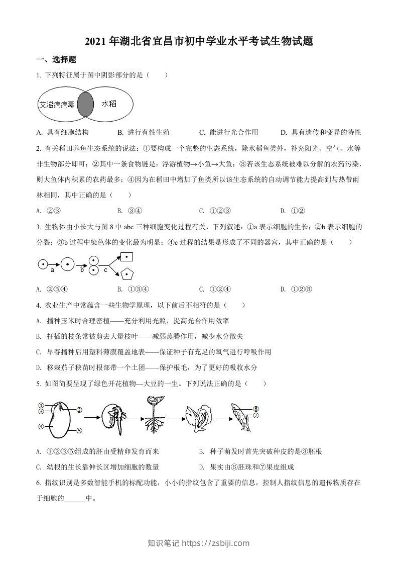 湖北省宜昌市2021年中考生物试题（空白卷）-知识笔记