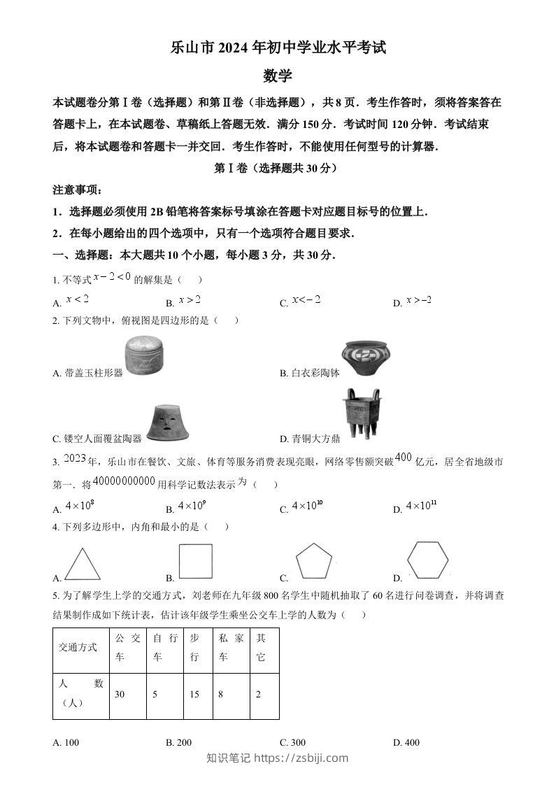 2024年四川省乐山市中考数学试题（空白卷）-知识笔记