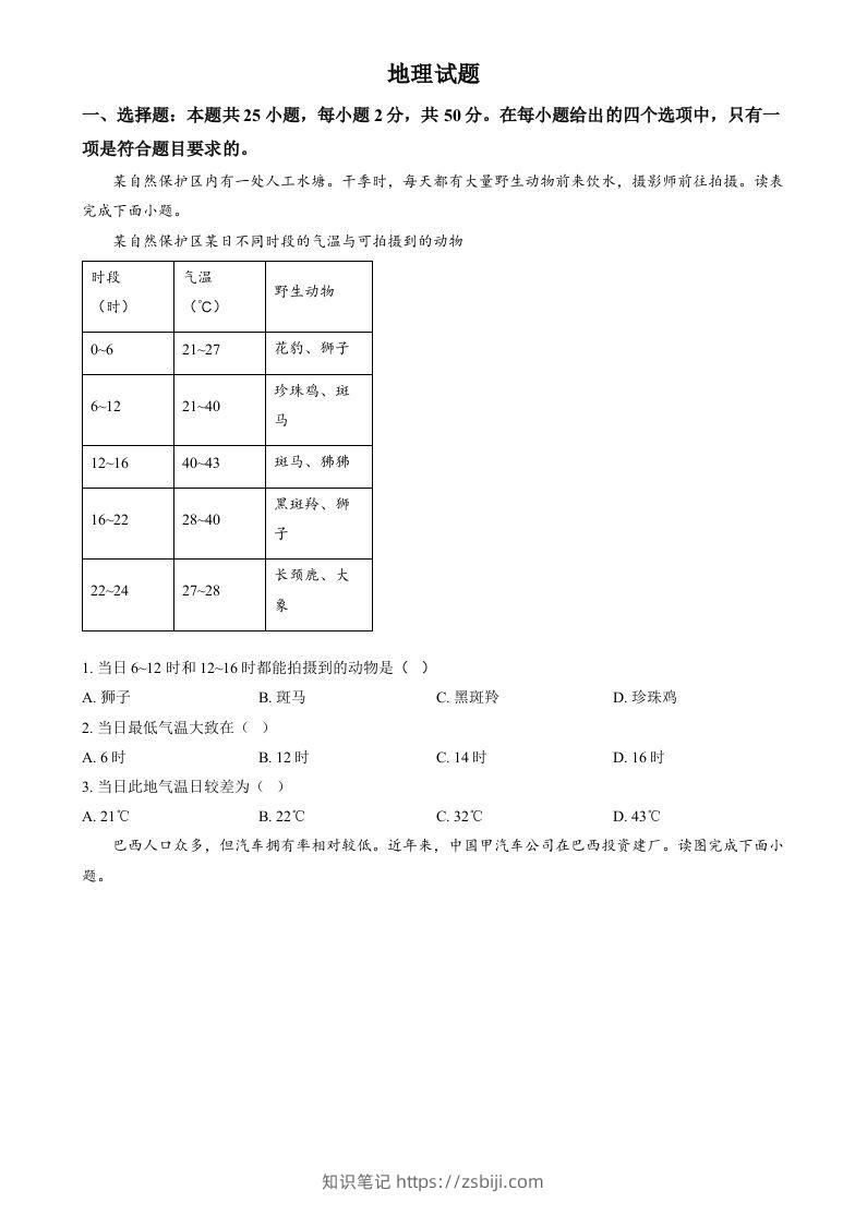 2024年福建省中考地理试题（空白卷）-知识笔记