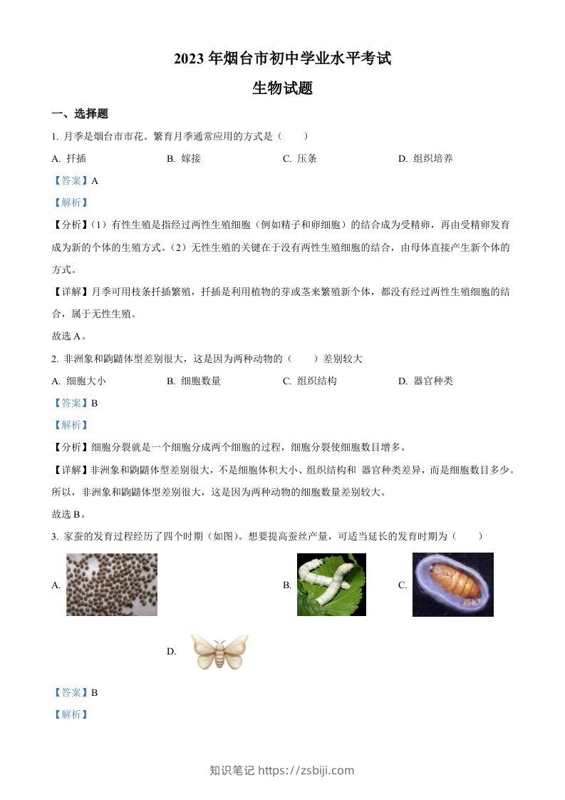 2023年山东省烟台市中考生物真题（含答案）-知识笔记