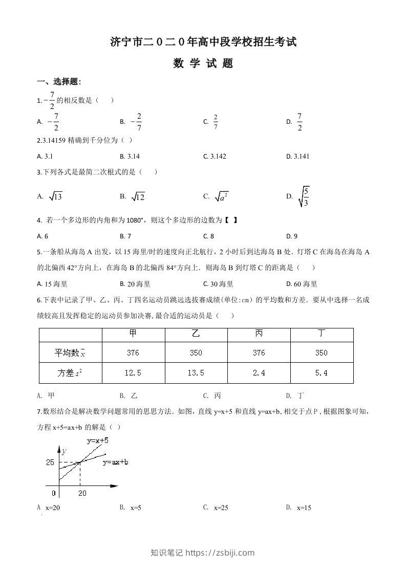 山东省济宁市2020年中考数学试题（空白卷）-知识笔记