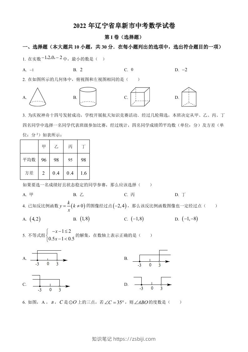 2022年辽宁省阜新市中考数学试卷（空白卷）-知识笔记