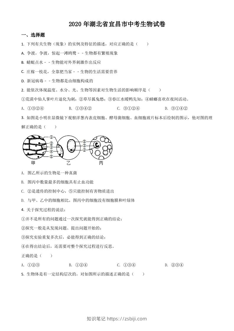 湖北省宜昌市2020年中考生物试题（空白卷）-知识笔记