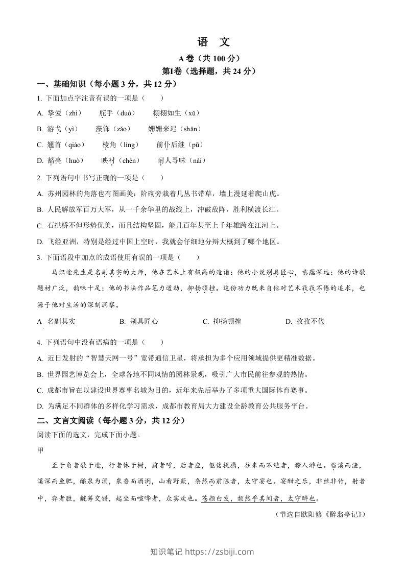 2024年四川省成都市中考语文真题（空白卷）-知识笔记