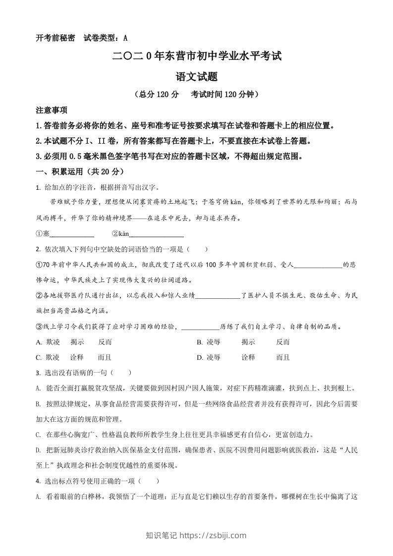 山东省东营市2020年中考语文试题（空白卷）-知识笔记