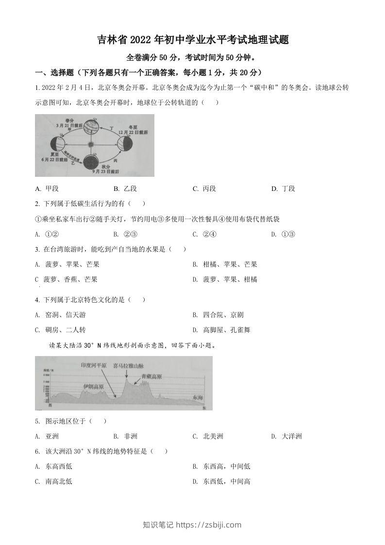 2022年吉林省白城市中考地理真题（空白卷）-知识笔记