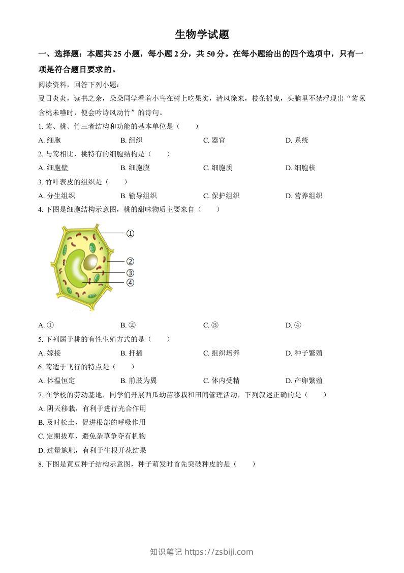 2024年福建省中考生物试题（空白卷）-知识笔记