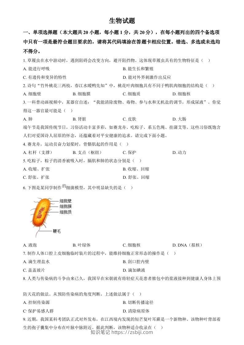 2024年江西省中考生物真题（空白卷）-知识笔记