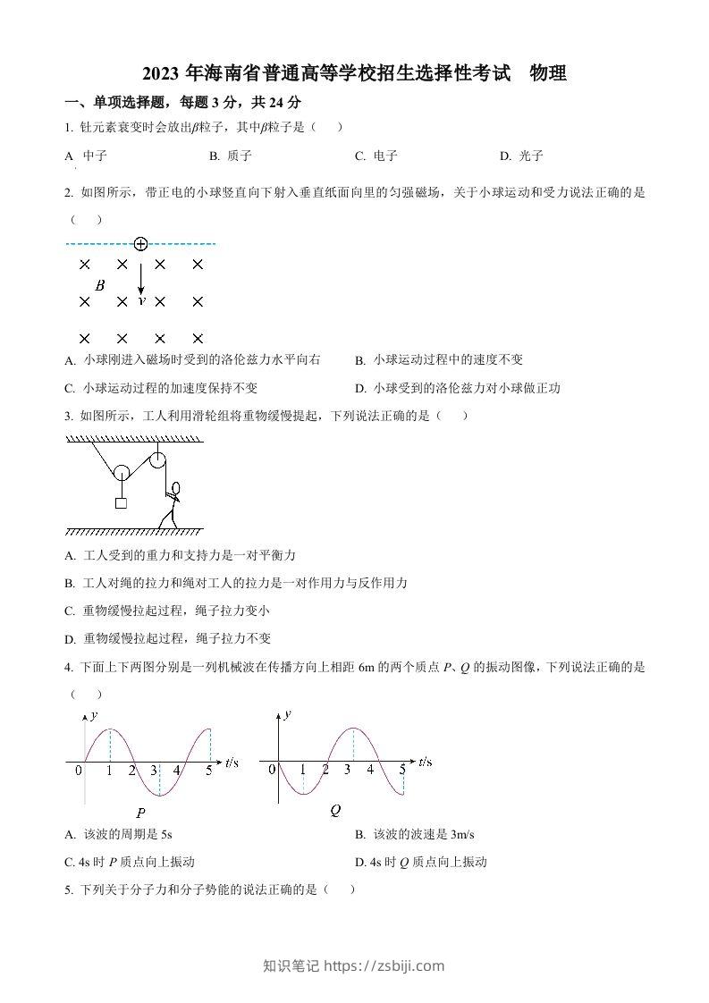 2023年高考物理试卷（海南）（空白卷）-知识笔记