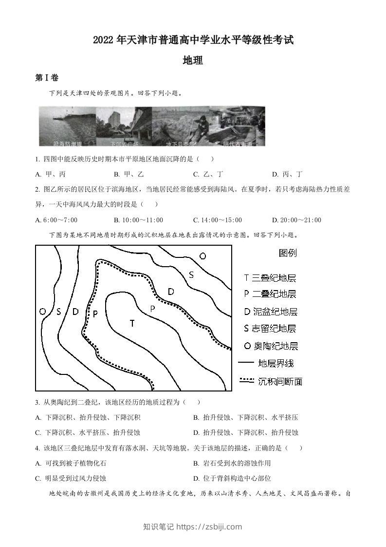 2022年高考地理试卷（天津）（空白卷）-知识笔记