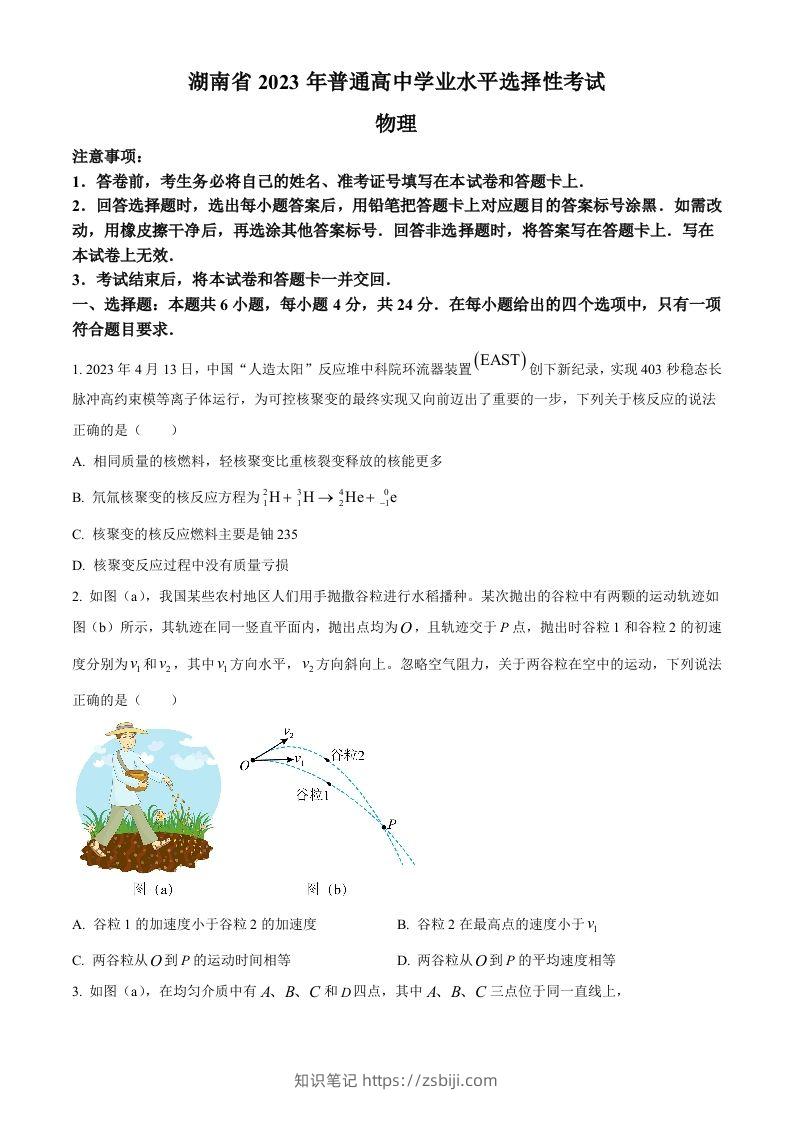 2023年高考物理试卷（湖南）（空白卷）-知识笔记