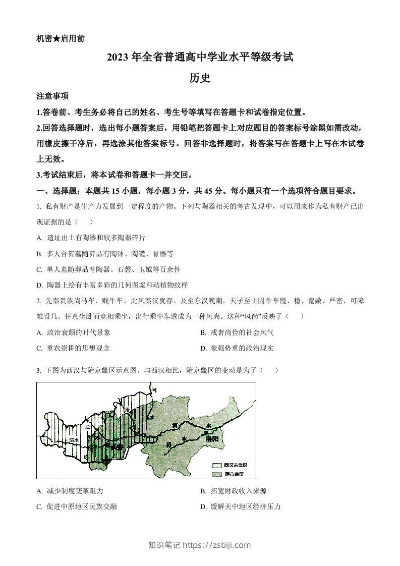 2023年高考历史试卷（山东）（空白卷）-知识笔记