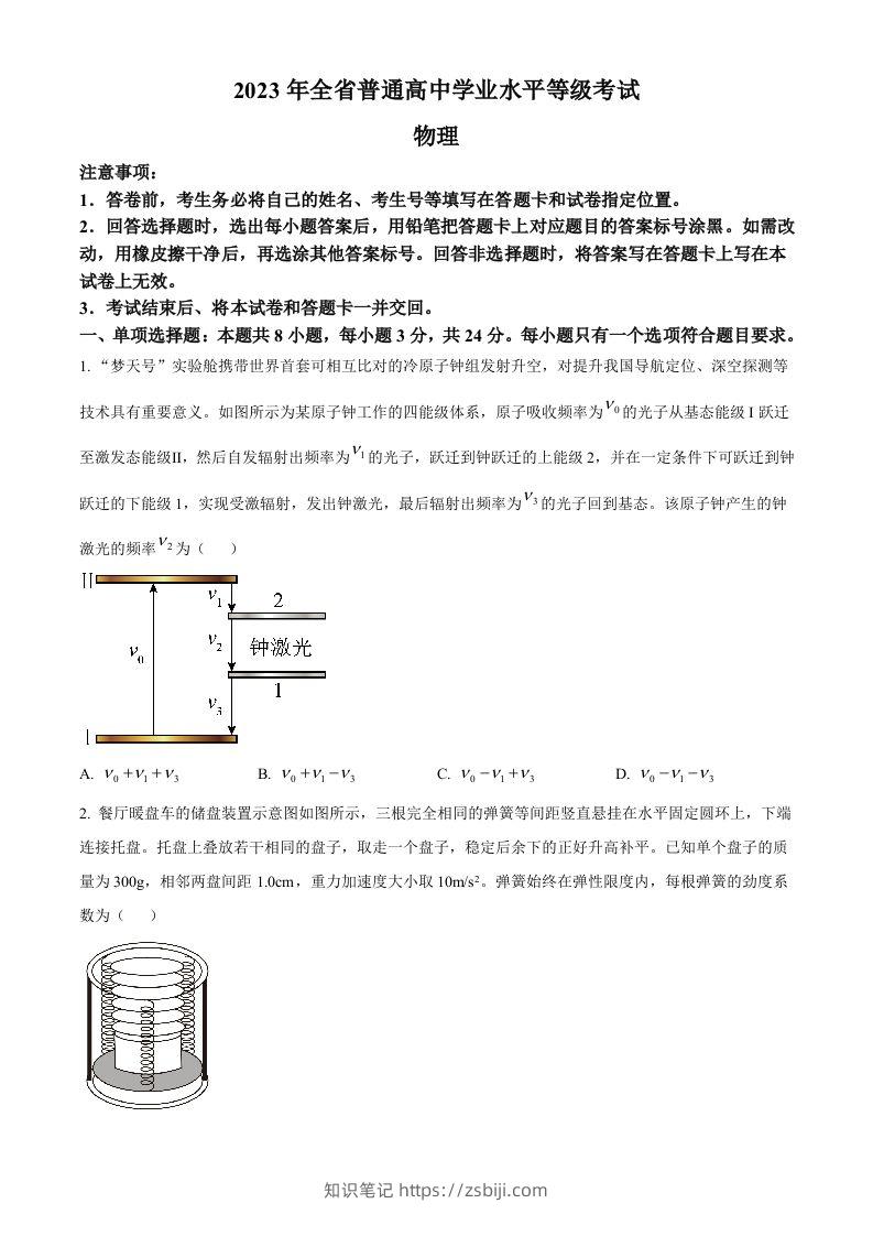 2023年高考物理试卷（山东）（空白卷）-知识笔记