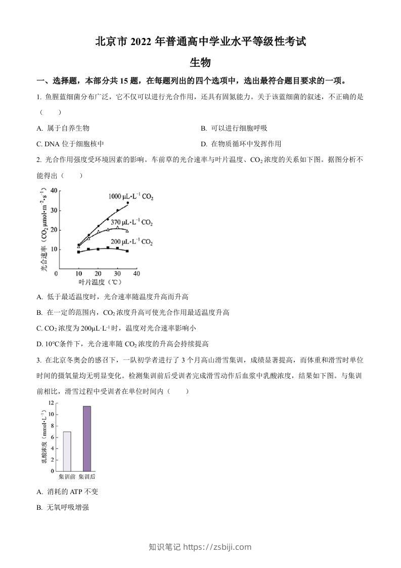 2022年高考生物试卷（北京）（空白卷）-知识笔记