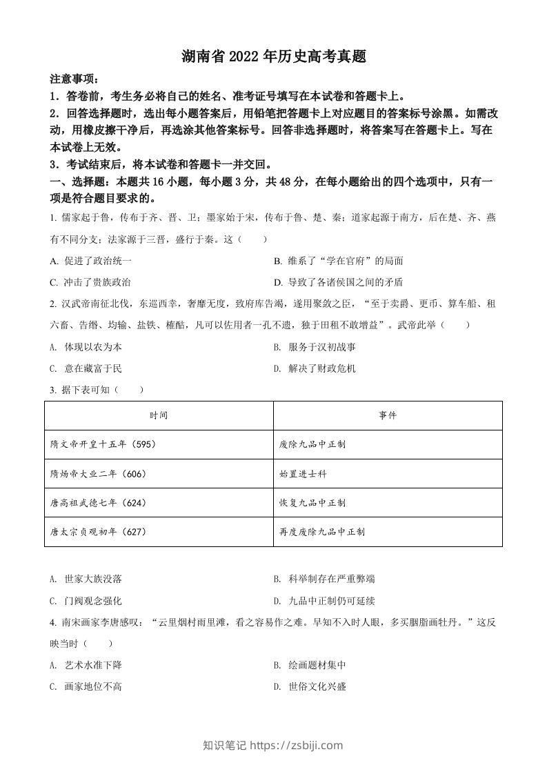 2022年高考历史试卷（湖南）（空白卷）-知识笔记