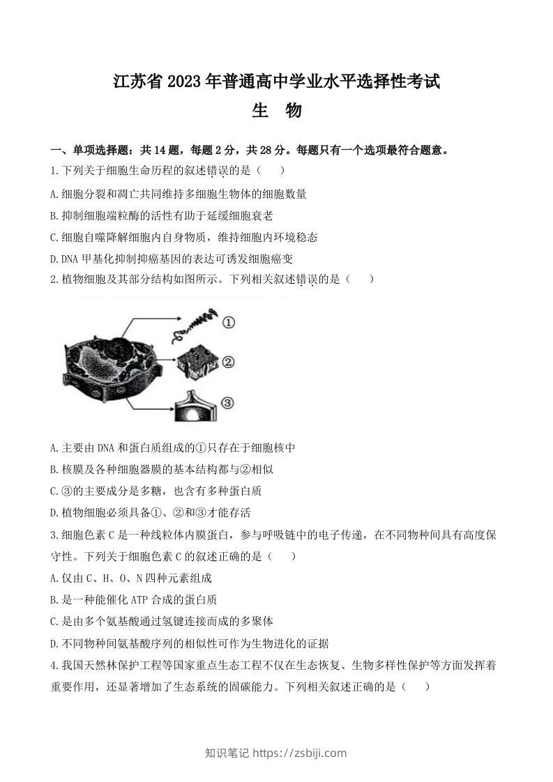 2023年高考生物试卷（江苏）（空白卷）-知识笔记