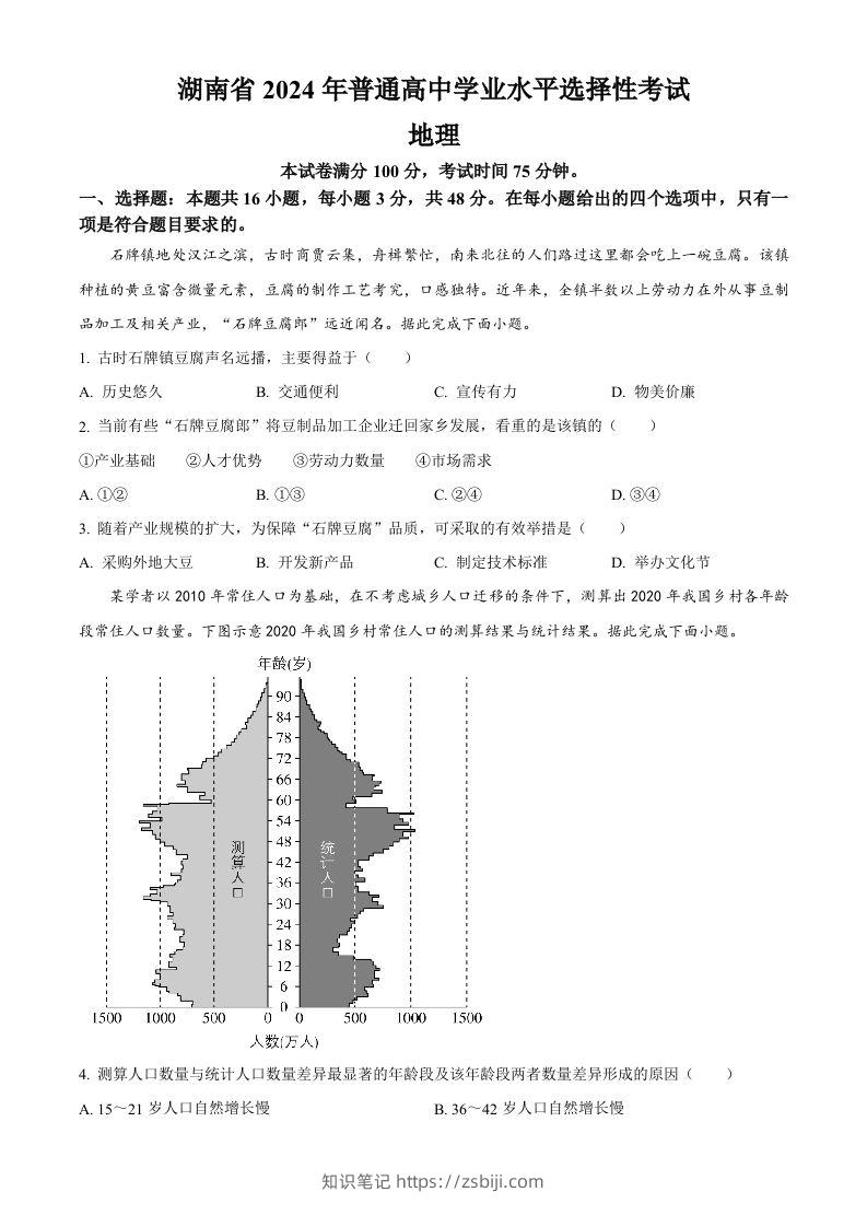 2024年高考地理试卷（湖南）（空白卷）-知识笔记