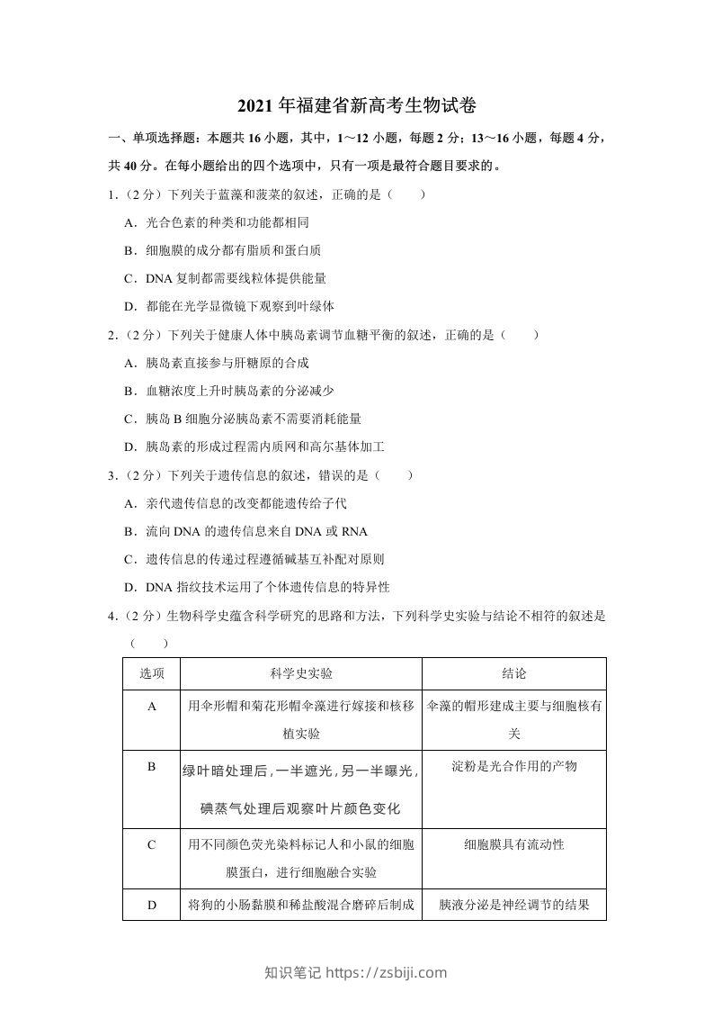 2021年高考生物试卷（福建）（空白卷）-知识笔记
