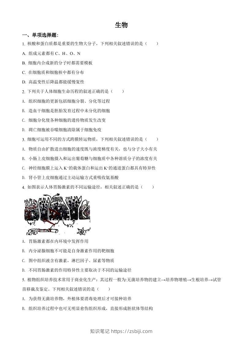2021年高考生物试卷（江苏）（空白卷）-知识笔记