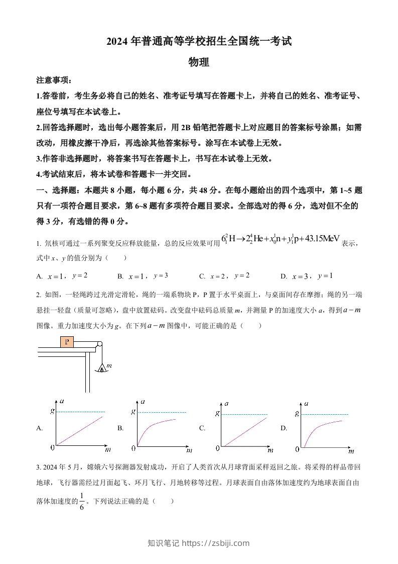 2024年高考物理试卷（全国甲卷）（空白卷）-知识笔记