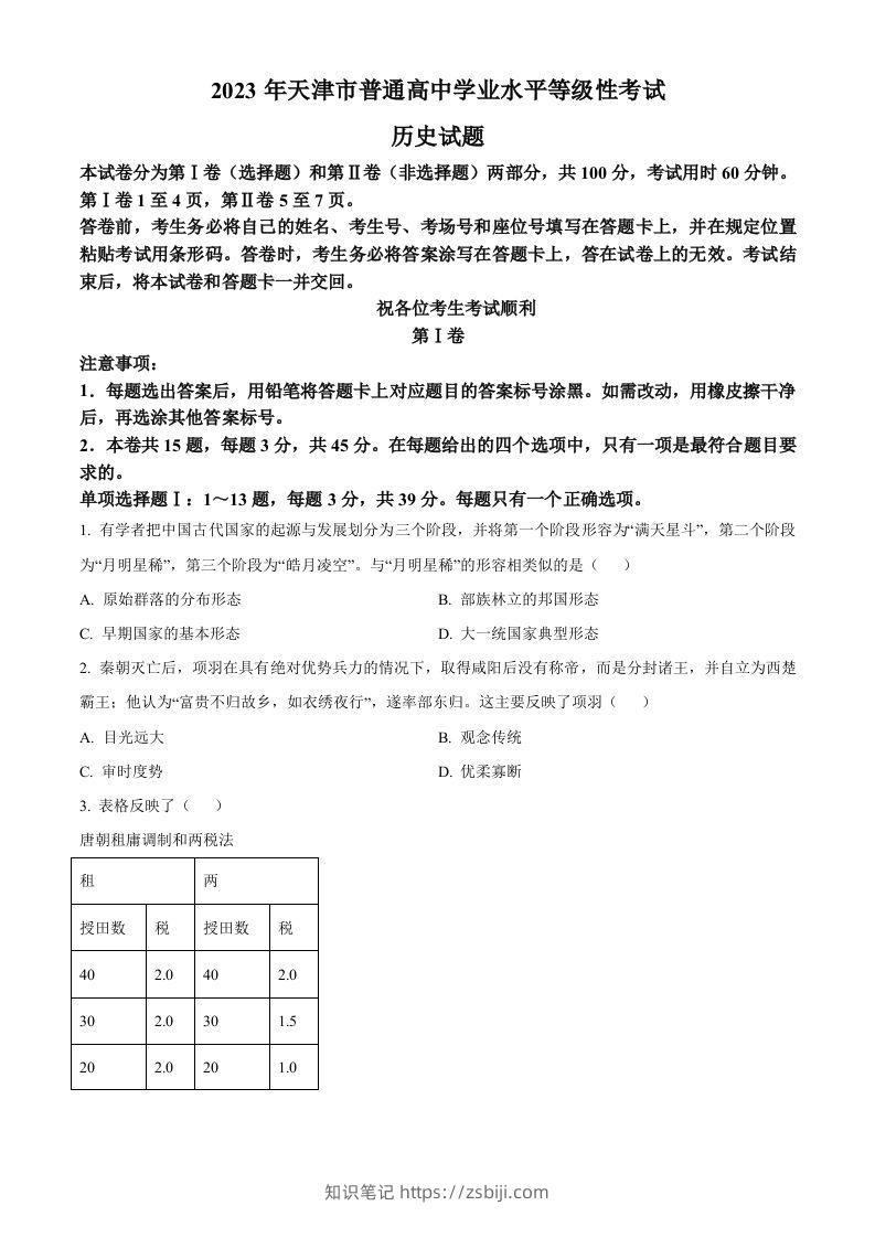 2023年高考历史试卷（天津）（空白卷）-知识笔记
