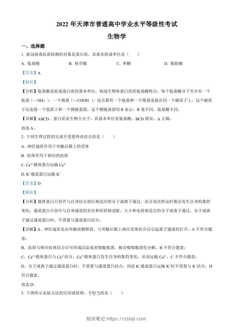 2022年高考生物试卷（天津）（空白卷）-知识笔记