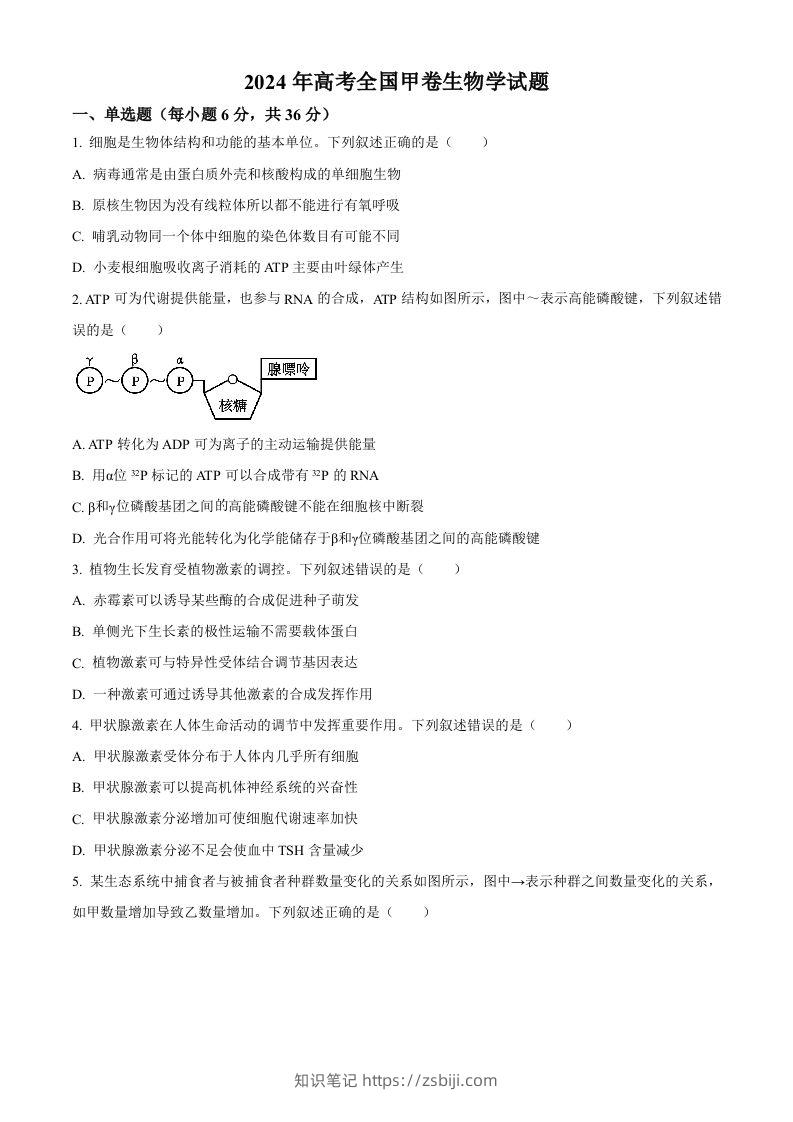 2024年高考生物试卷（全国甲卷）（空白卷）-知识笔记
