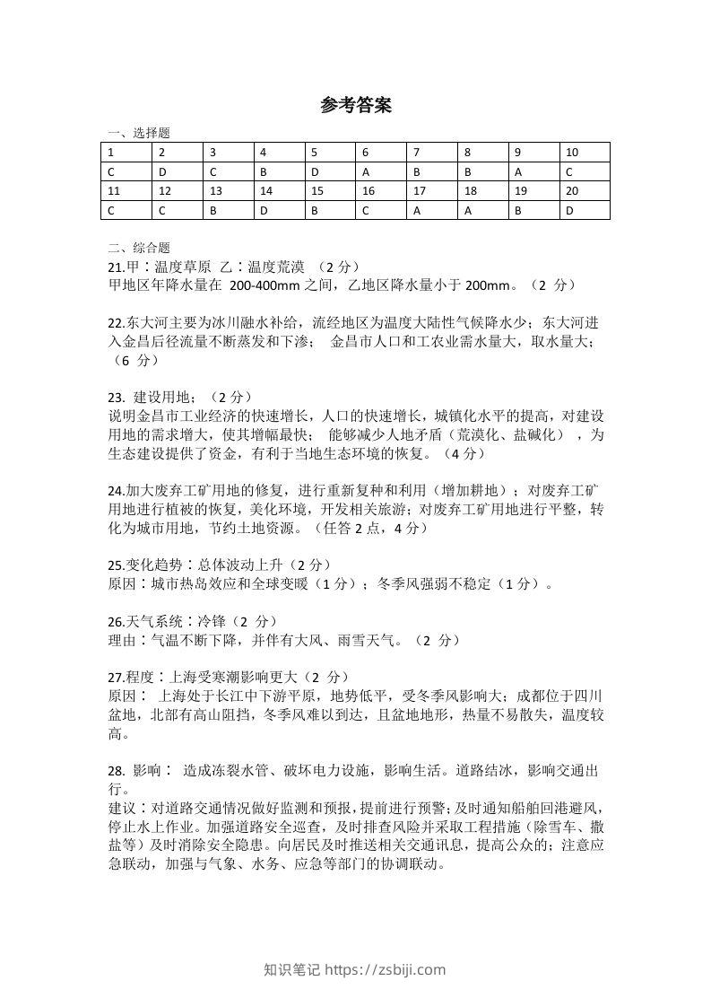 2021年高考地理试题（上海）（答案）-知识笔记