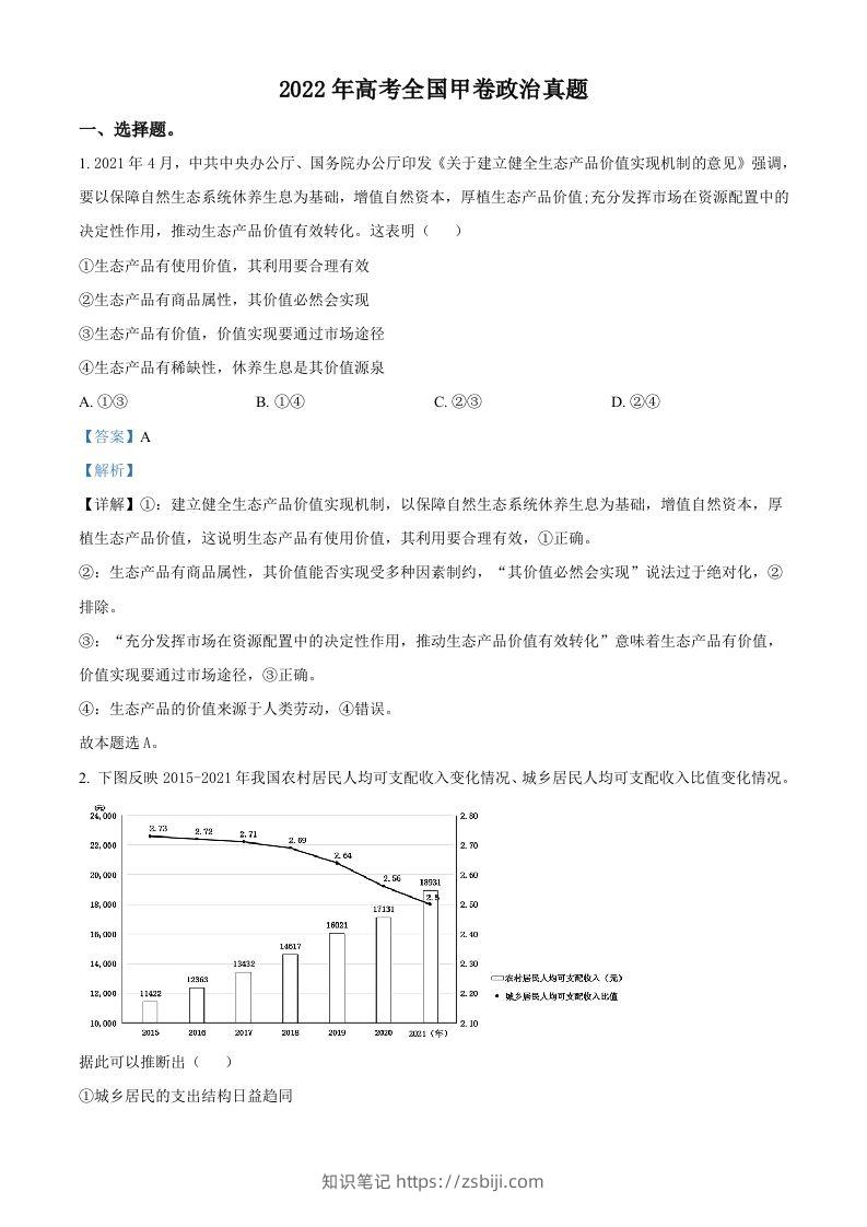 2022年高考政治试卷（全国甲卷）（含答案）-知识笔记