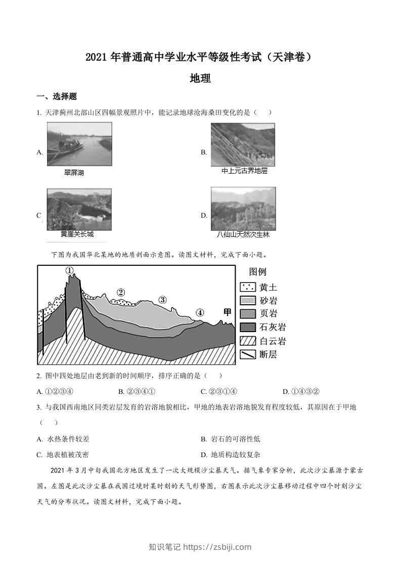 2021年高考地理试卷（天津）（空白卷）-知识笔记