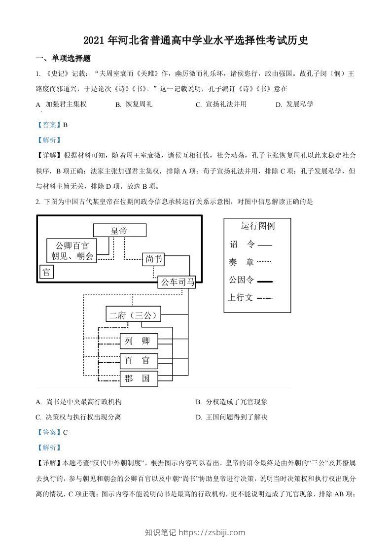 2021年高考历史试卷（河北）（含答案）-知识笔记