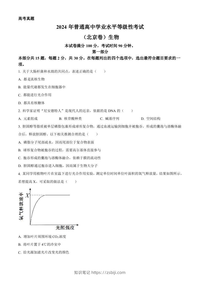 2024年高考生物试卷（北京）（空白卷）-知识笔记