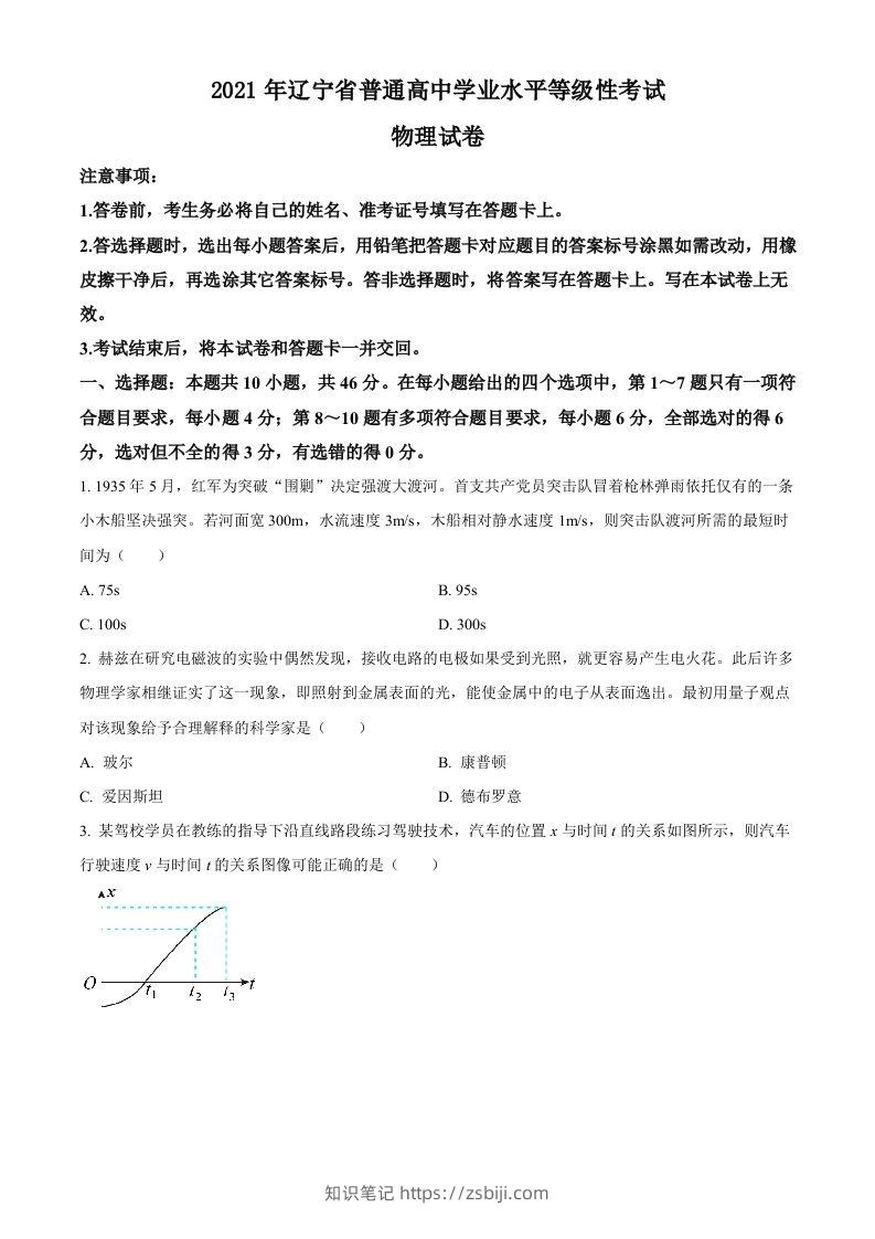 2021年高考物理试卷（辽宁）（空白卷）-知识笔记