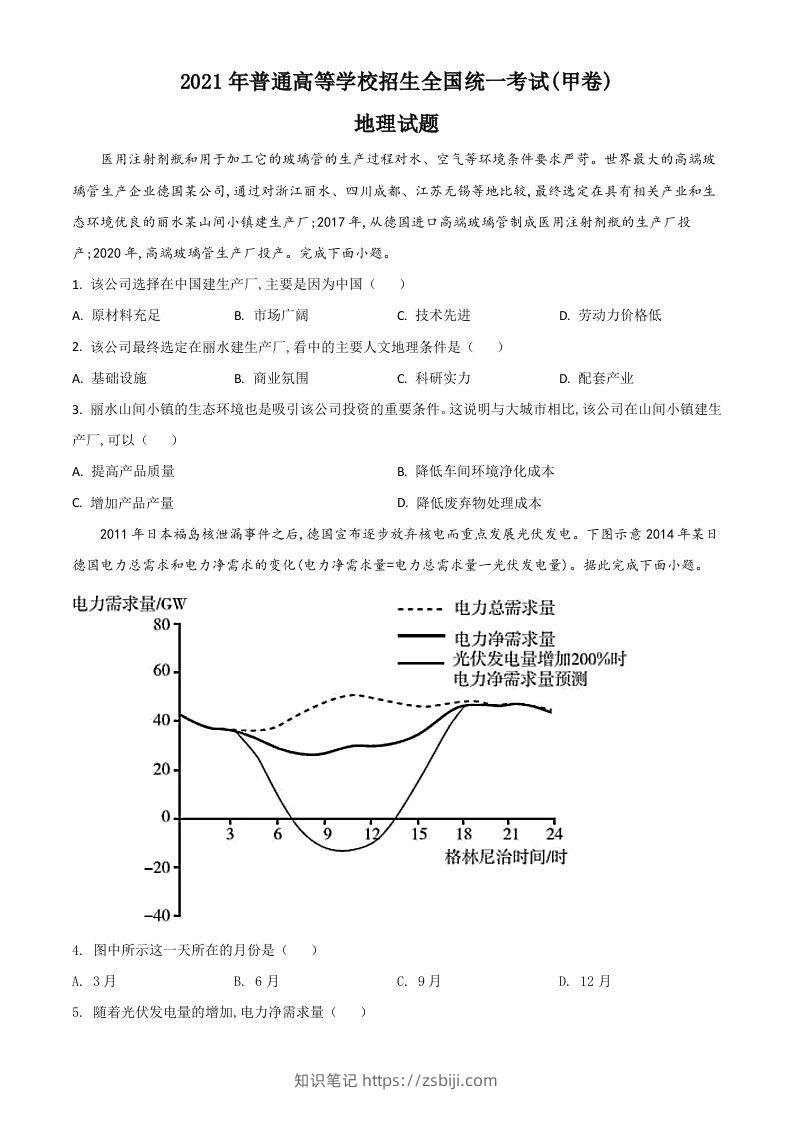 2021年高考地理试卷（全国甲卷）（空白卷）-知识笔记