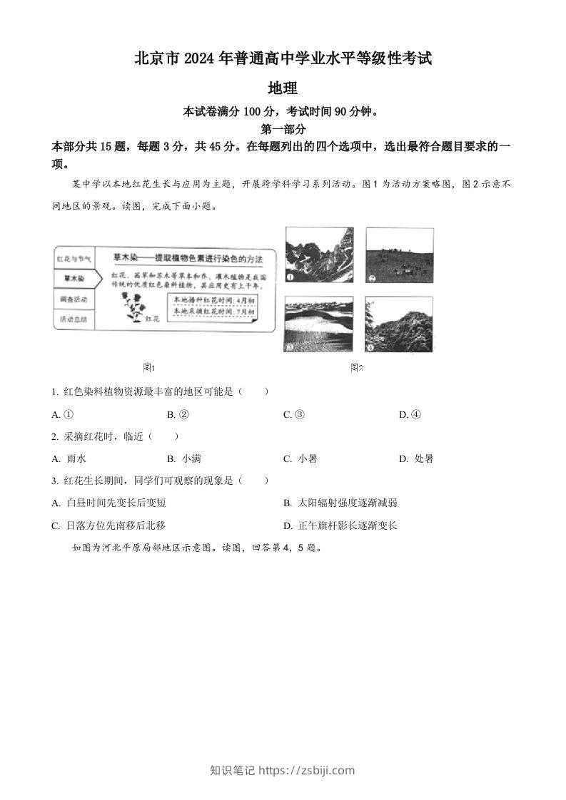 2024年高考地理试卷（北京）（空白卷）-知识笔记