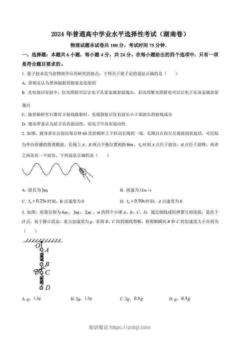 2024年高考物理试卷（湖南）（空白卷）-知识笔记