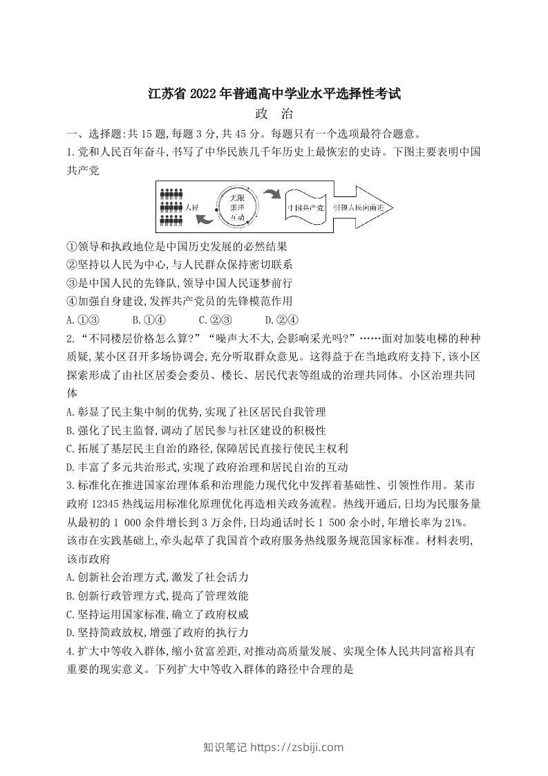 2022年高考政治试卷（江苏）（含答案）-知识笔记