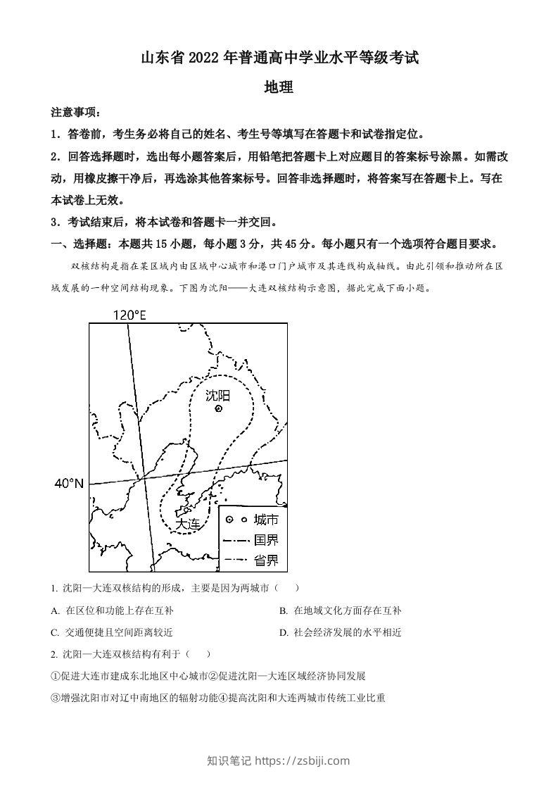 2022年高考地理试卷（山东）（含答案）-知识笔记