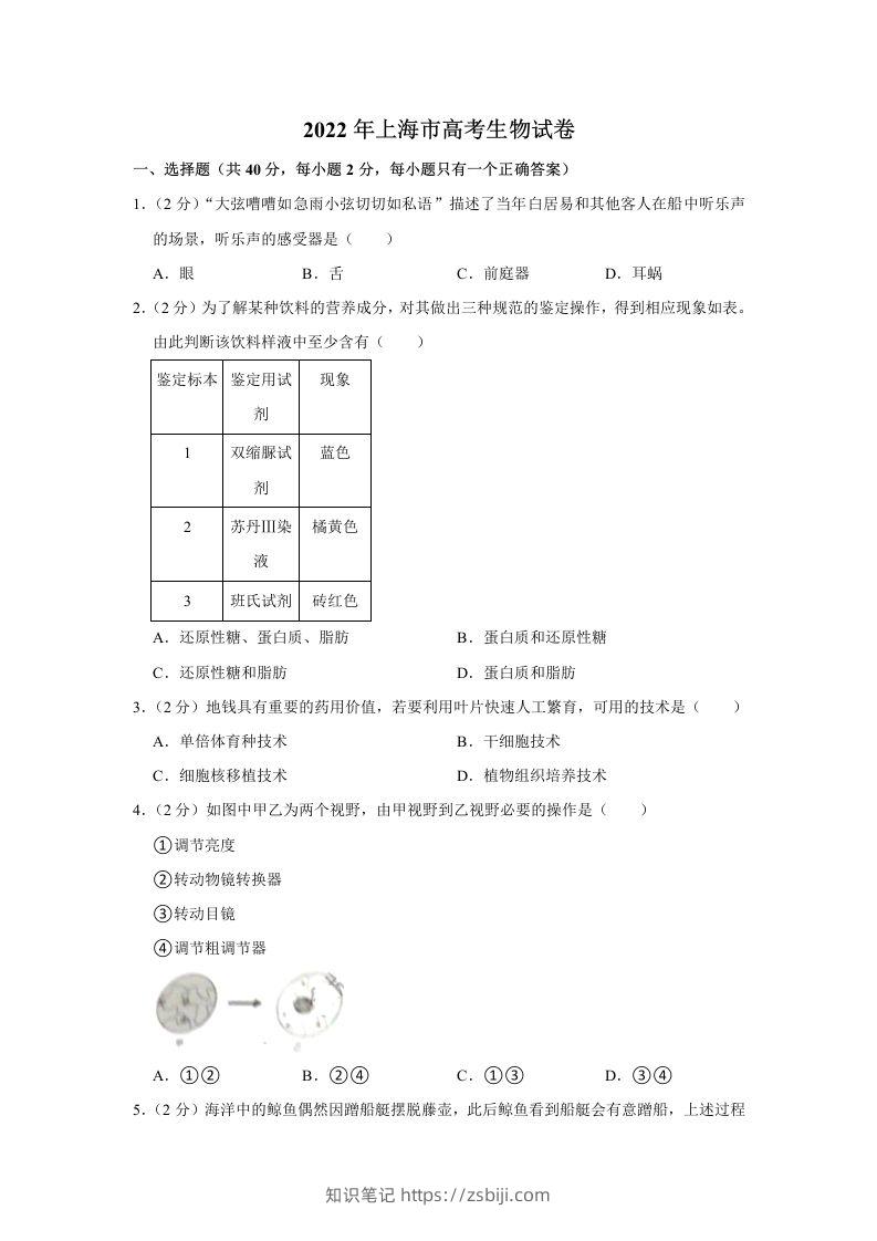 2022年高考生物试卷（上海）（空白卷）-知识笔记