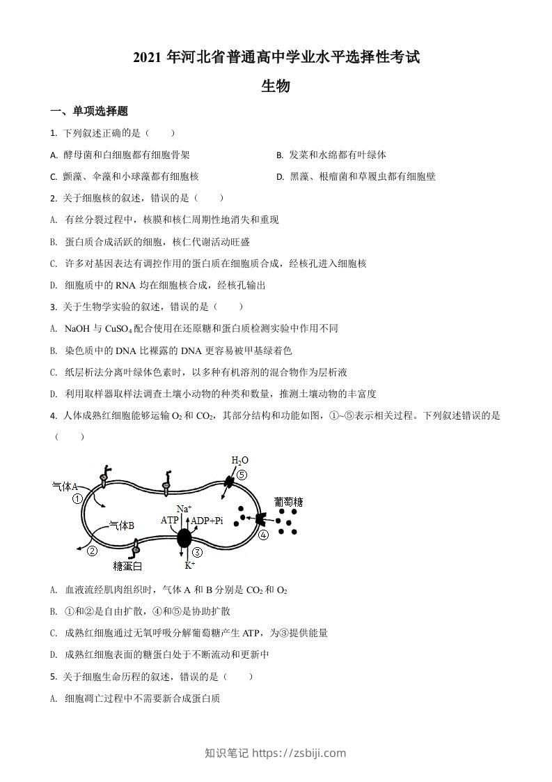 2021年高考生物试卷（河北）（空白卷）-知识笔记