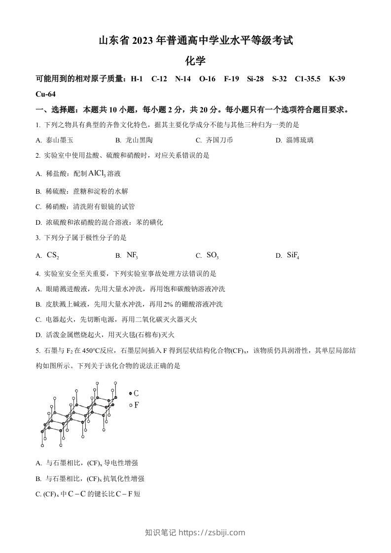 2023年高考化学试卷（山东）（空白卷）-知识笔记