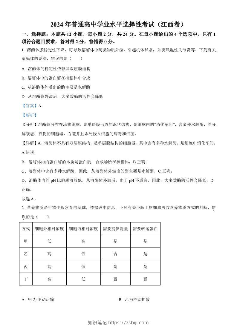 2024年高考生物试卷（江西）（含答案）-知识笔记