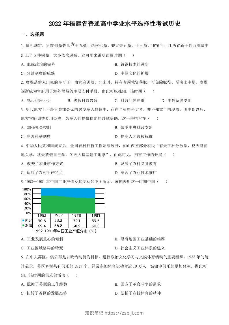 2022年高考历史试卷（福建）（空白卷）-知识笔记