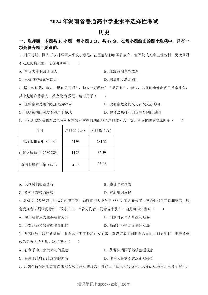 2024年高考历史试卷（湖南）（空白卷）-知识笔记